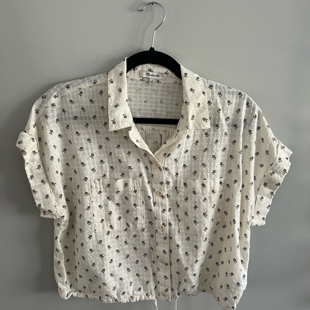 Madewell White Short-Sleeve Button-Front Shirt with Black Floral Print